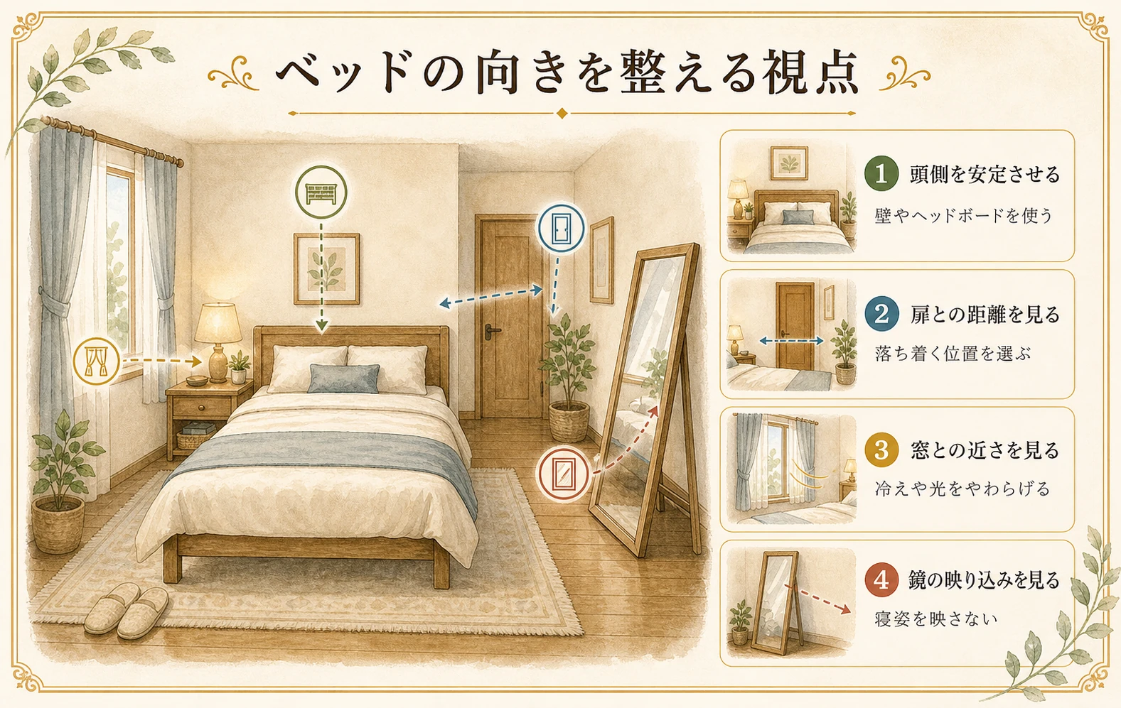 ベッドの向きを整える視点をまとめた手描き風の図版