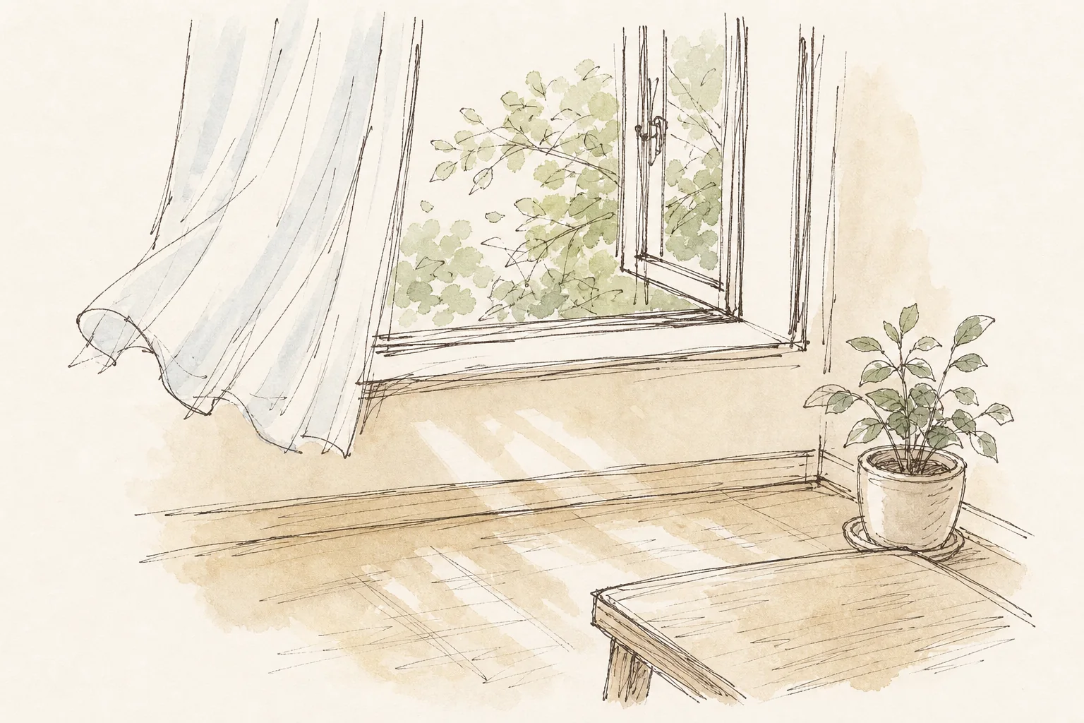 開いた窓と植物を描いた手描き風の挿絵