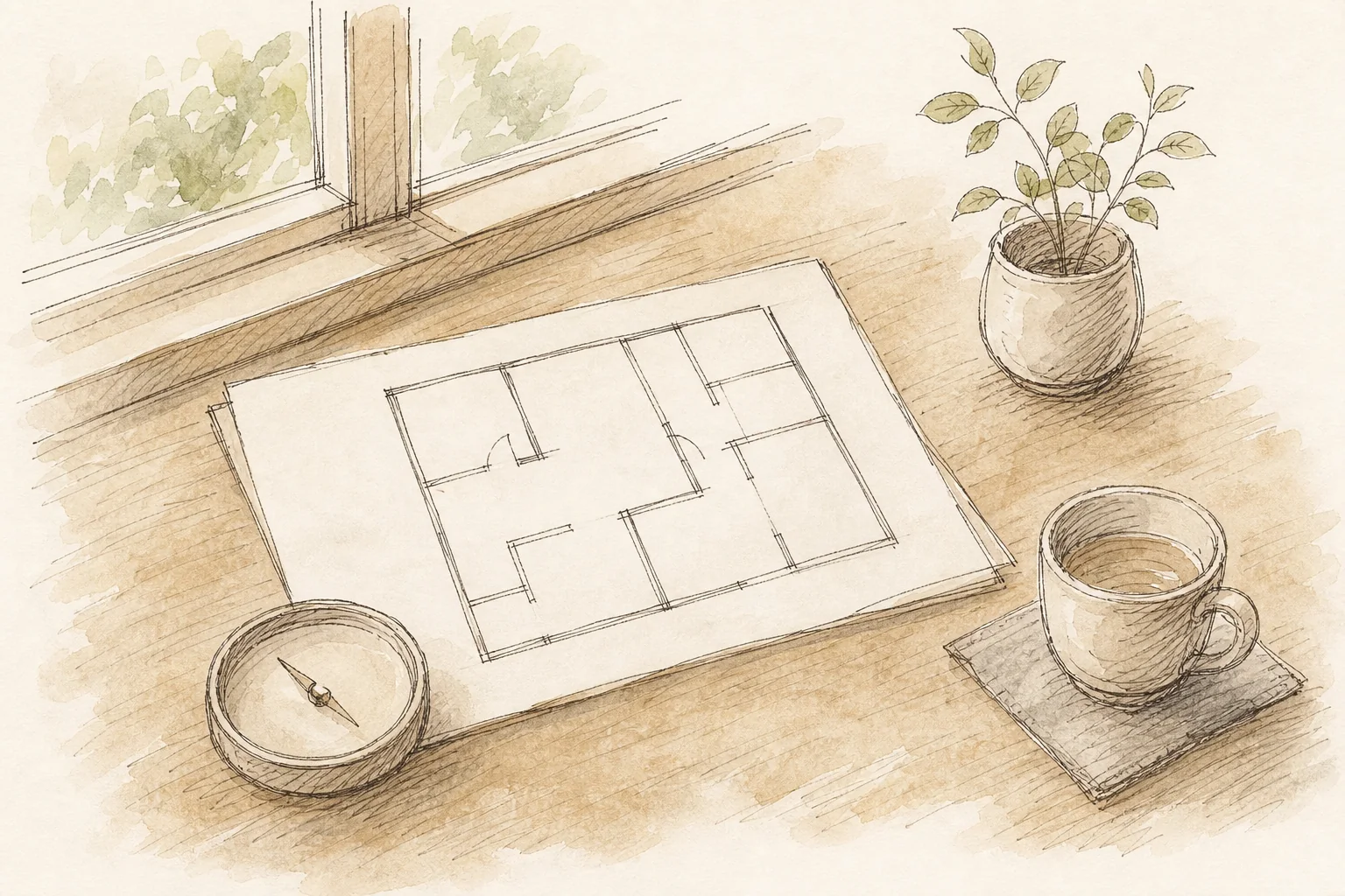 窓辺の図面と茶碗を描いた手描き風の挿絵