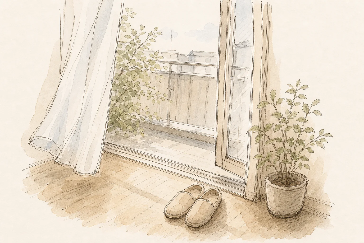 窓辺と室内履きを描いた手描き風の挿絵