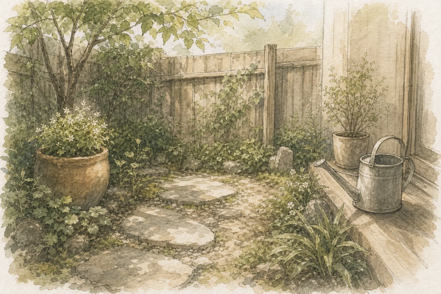 小さな庭と鉢植え、水差しを描いた手描き風の挿絵
