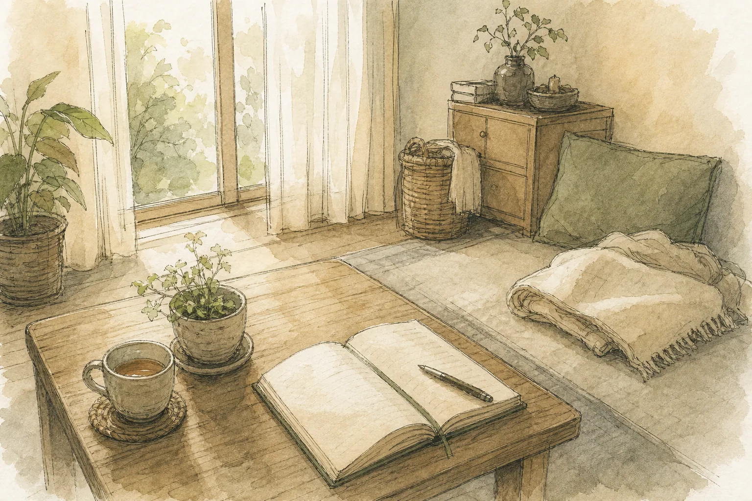 窓辺の明るい部屋で茶器とノートを置いた手描き風の挿絵