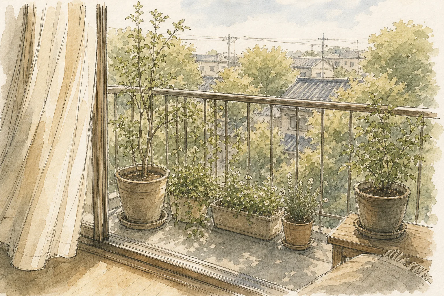 窓辺からベランダの鉢植えと外の景色を眺める手描き風の挿絵