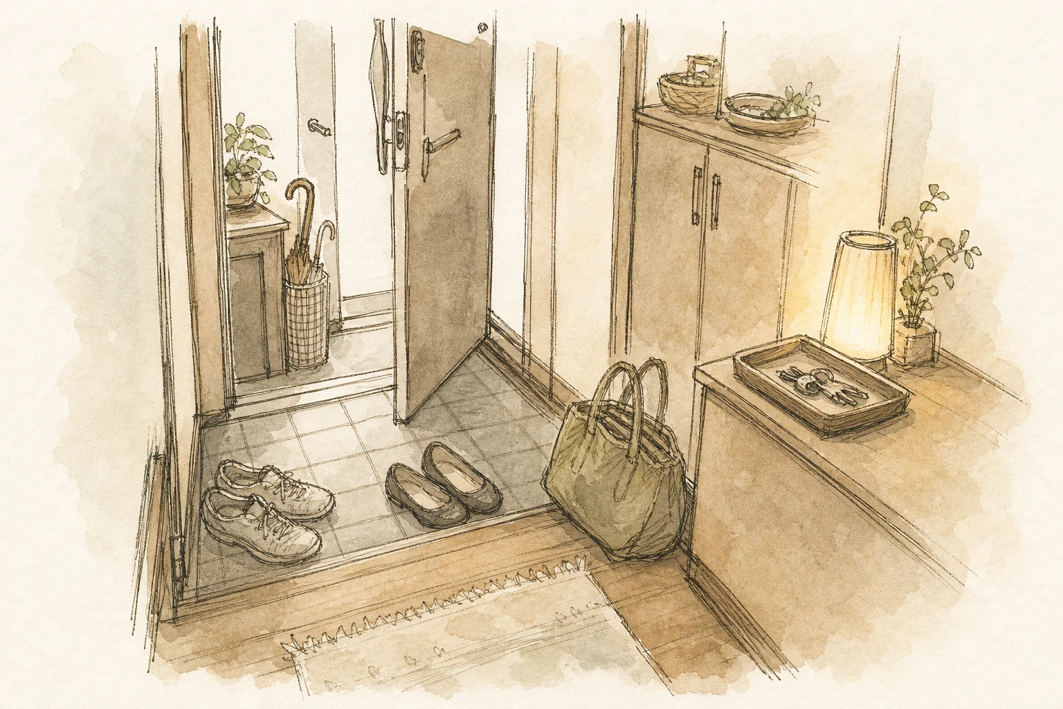帰宅直後の玄関と靴、荷物を描いた手描き風の挿絵