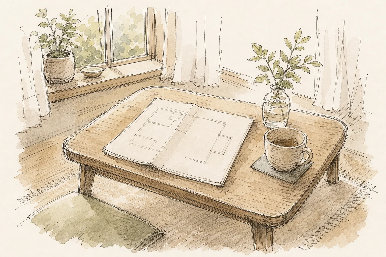 窓辺の卓上と図面を描いた手描き風の挿絵