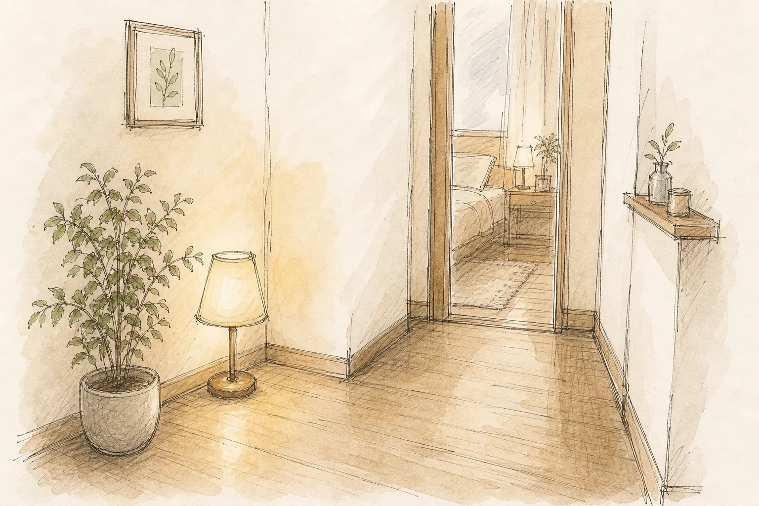夜の廊下と小さな明かりを描いた手描き風の挿絵