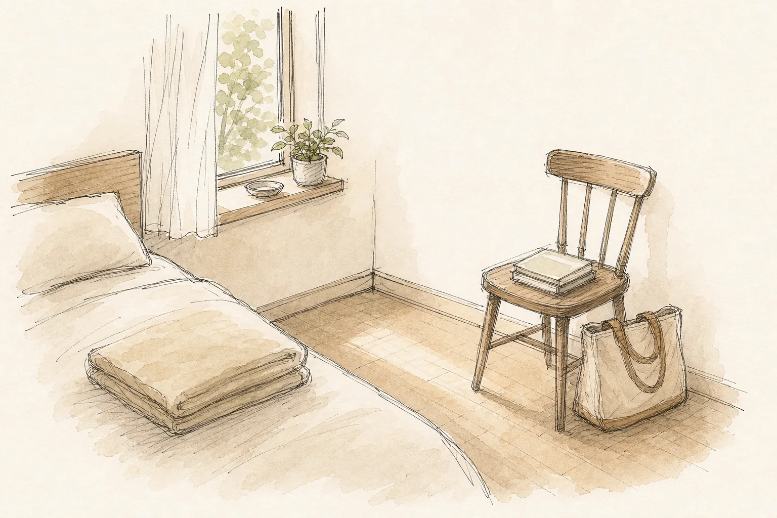 寝室の一角と椅子を描いた手描き風の挿絵