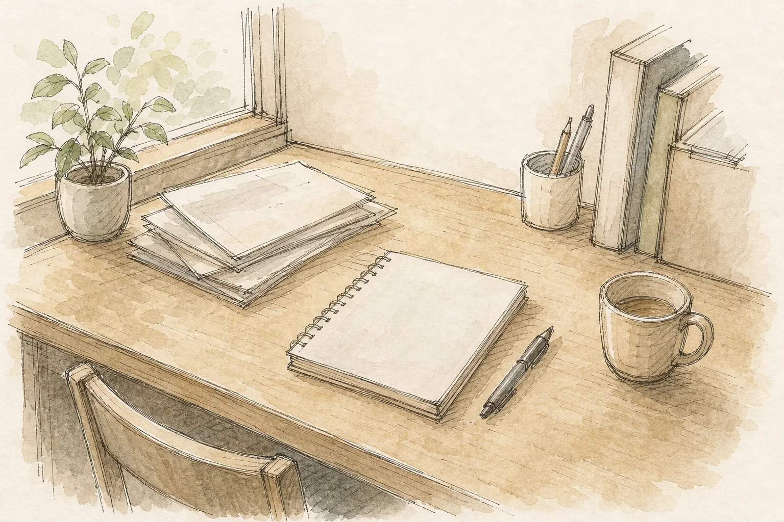 机の上の紙とノートを描いた手描き風の挿絵
