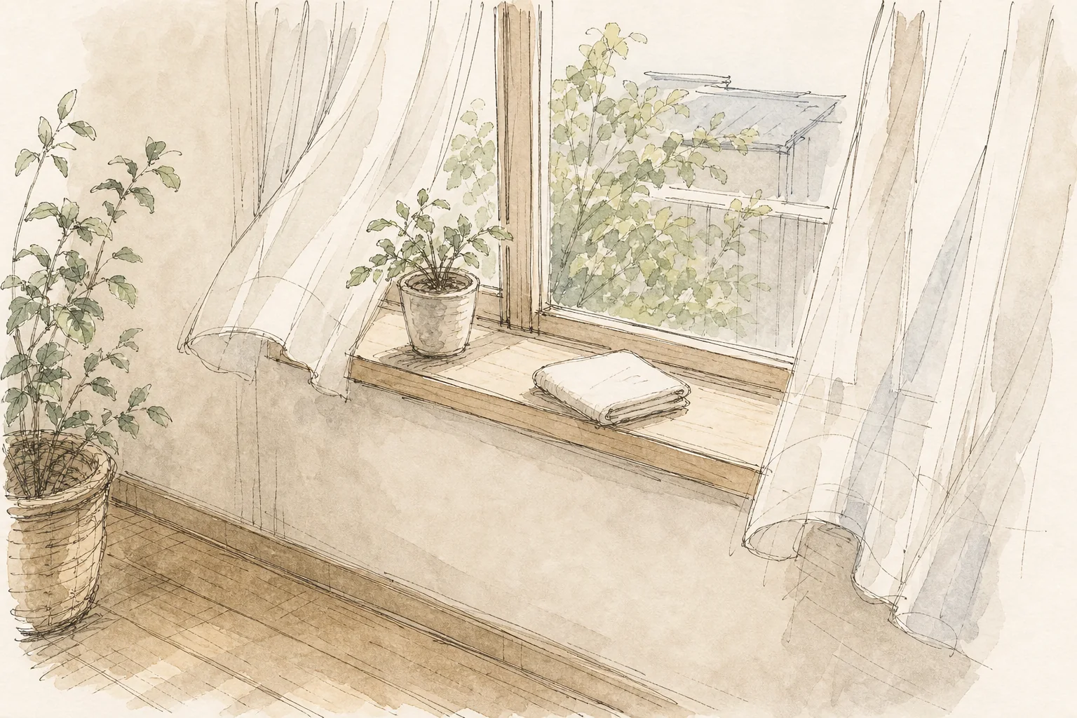 窓辺とカーテンを描いた手描き風の挿絵