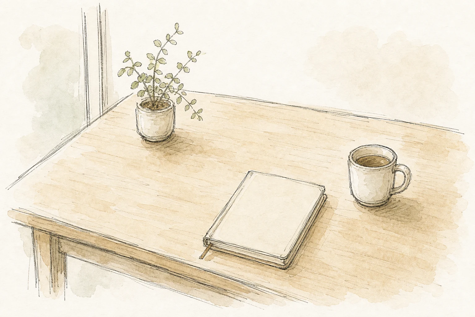 机の上の物を減らし植物を置いた手描き風の挿絵