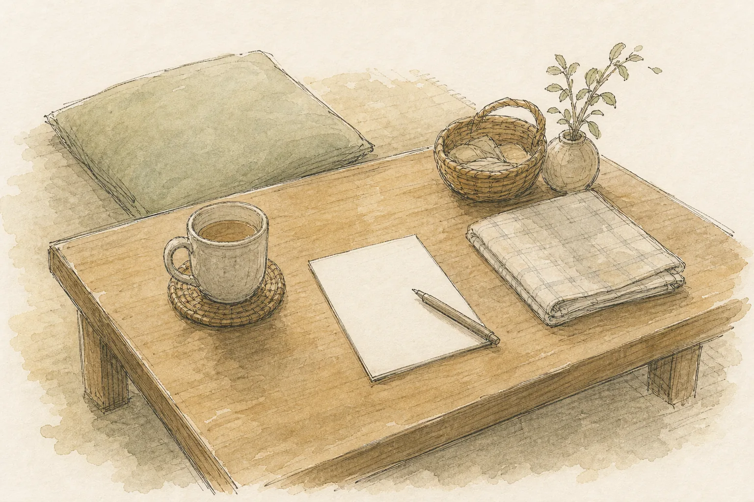 低い木の机に湯のみと白紙、布を置いた手描き風の挿絵