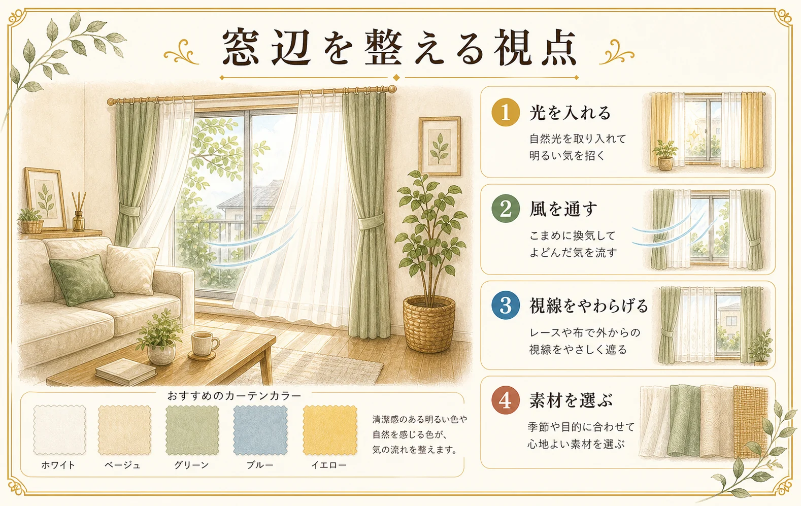 窓辺で光、風、外からの視線、カーテン素材を整える手書き風の解説イラスト