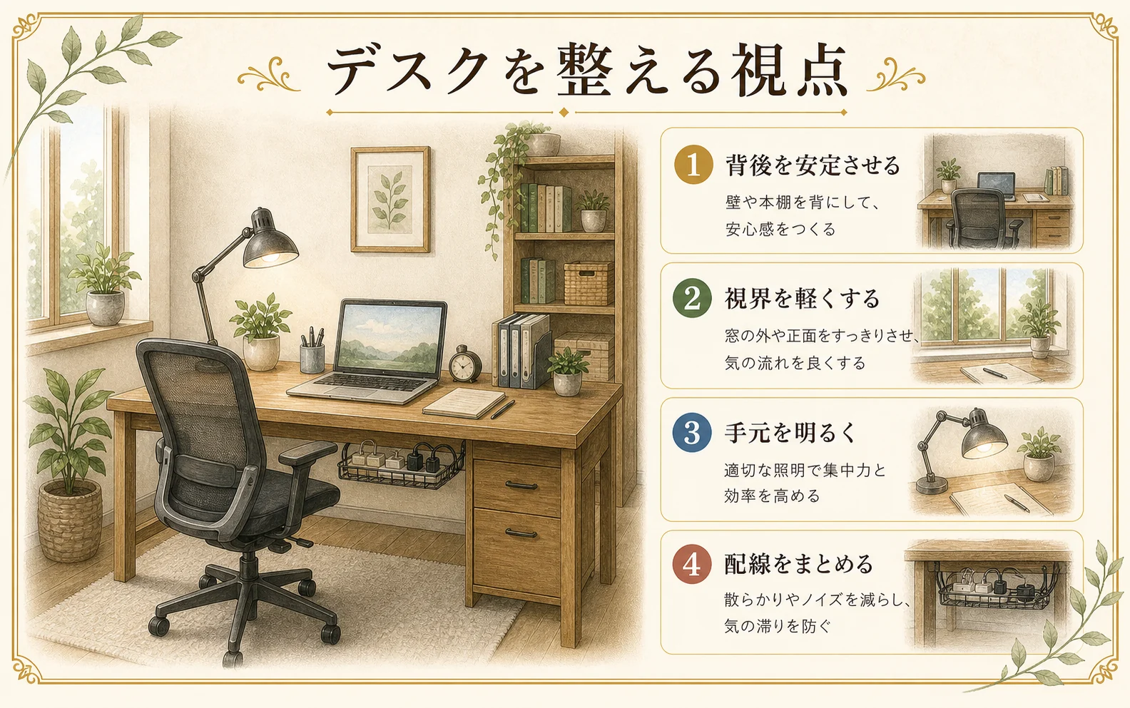 仕事机の背後、視界、手元の明るさ、配線を整える手書き風の解説イラスト