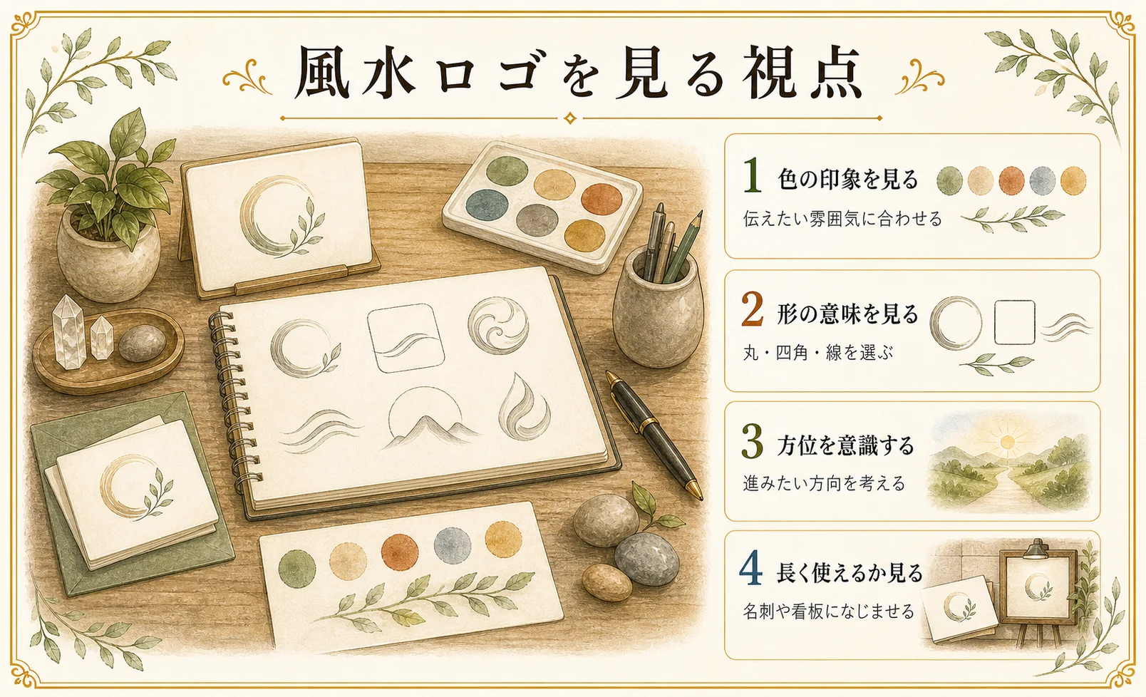 風水ロゴを見る視点を色、形、方位、長く使えるかで整理した手描き風の図版