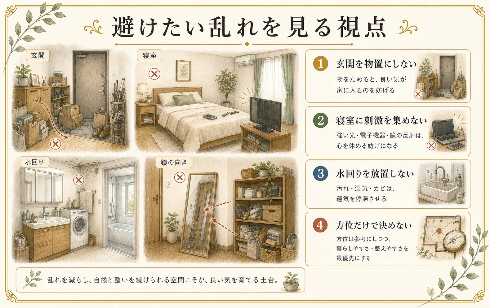 風水で避けたい玄関、寝室、水回り、方位の決めつけを見直す手書き風の解説イラスト