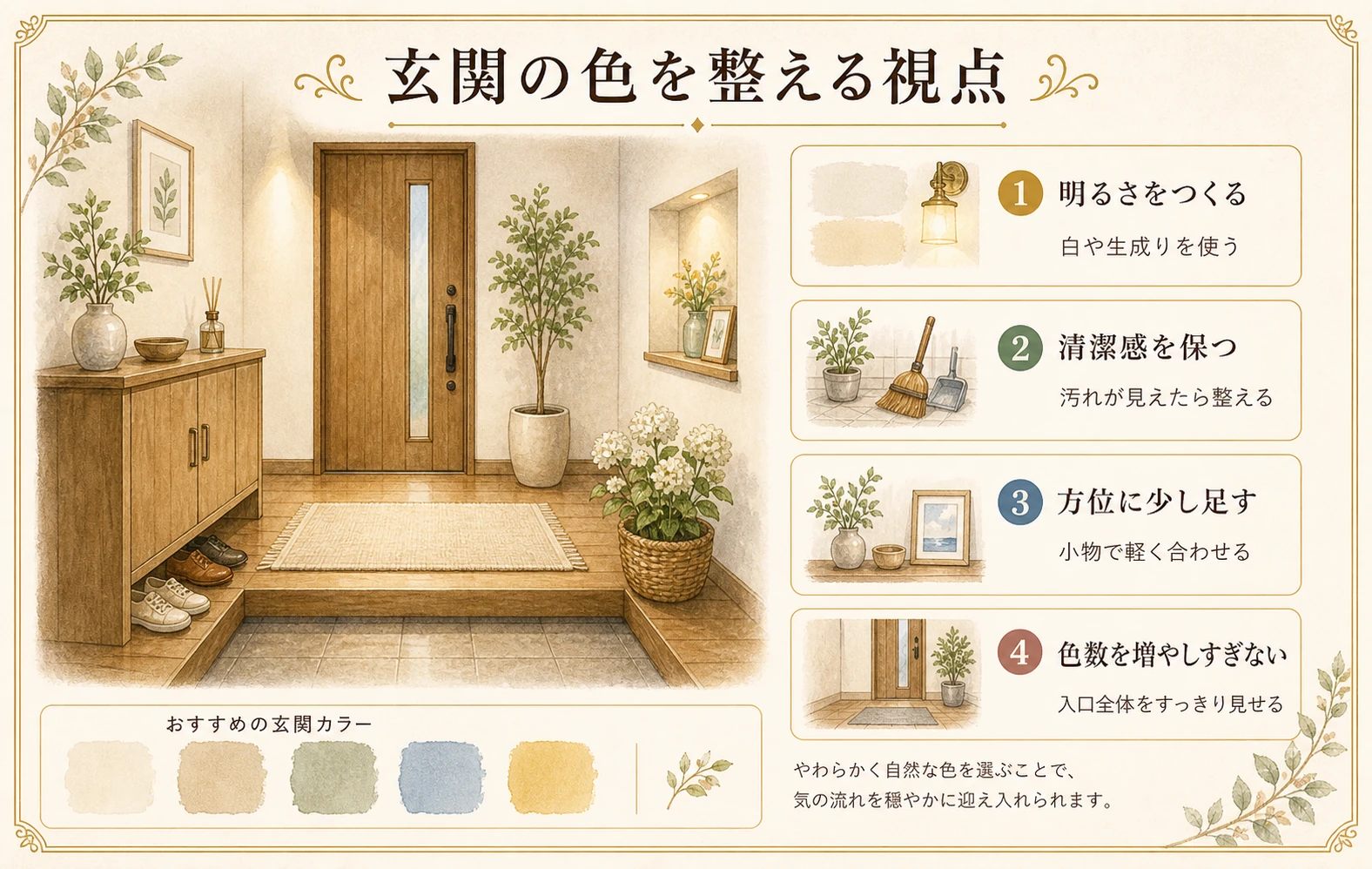 玄関の色を整える視点をまとめた手描き風の図版