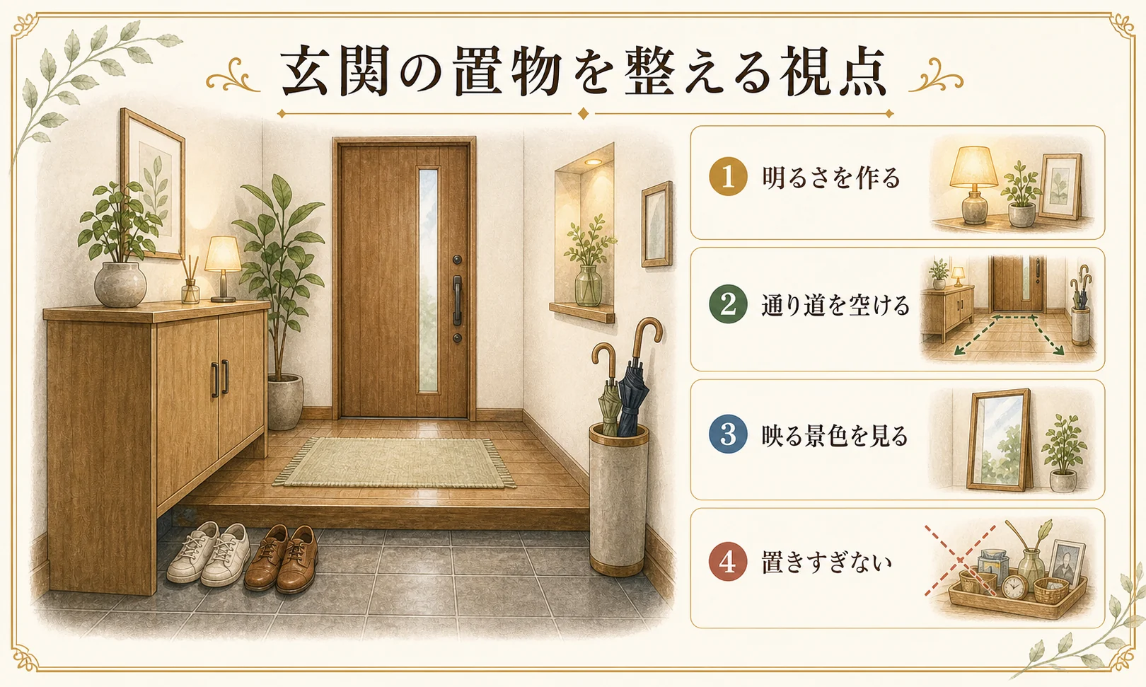 玄関の置物で明るさ、通り道、映る景色、置きすぎを整える手書き風の解説イラスト