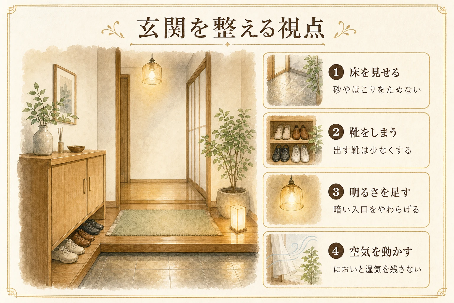 玄関の床、靴箱、照明、空気を整えるポイントのイメージ図