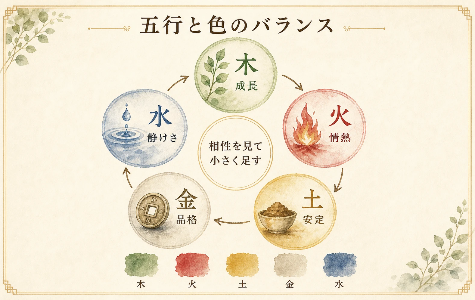 木火土金水の五行と色のバランスを示すイメージ図