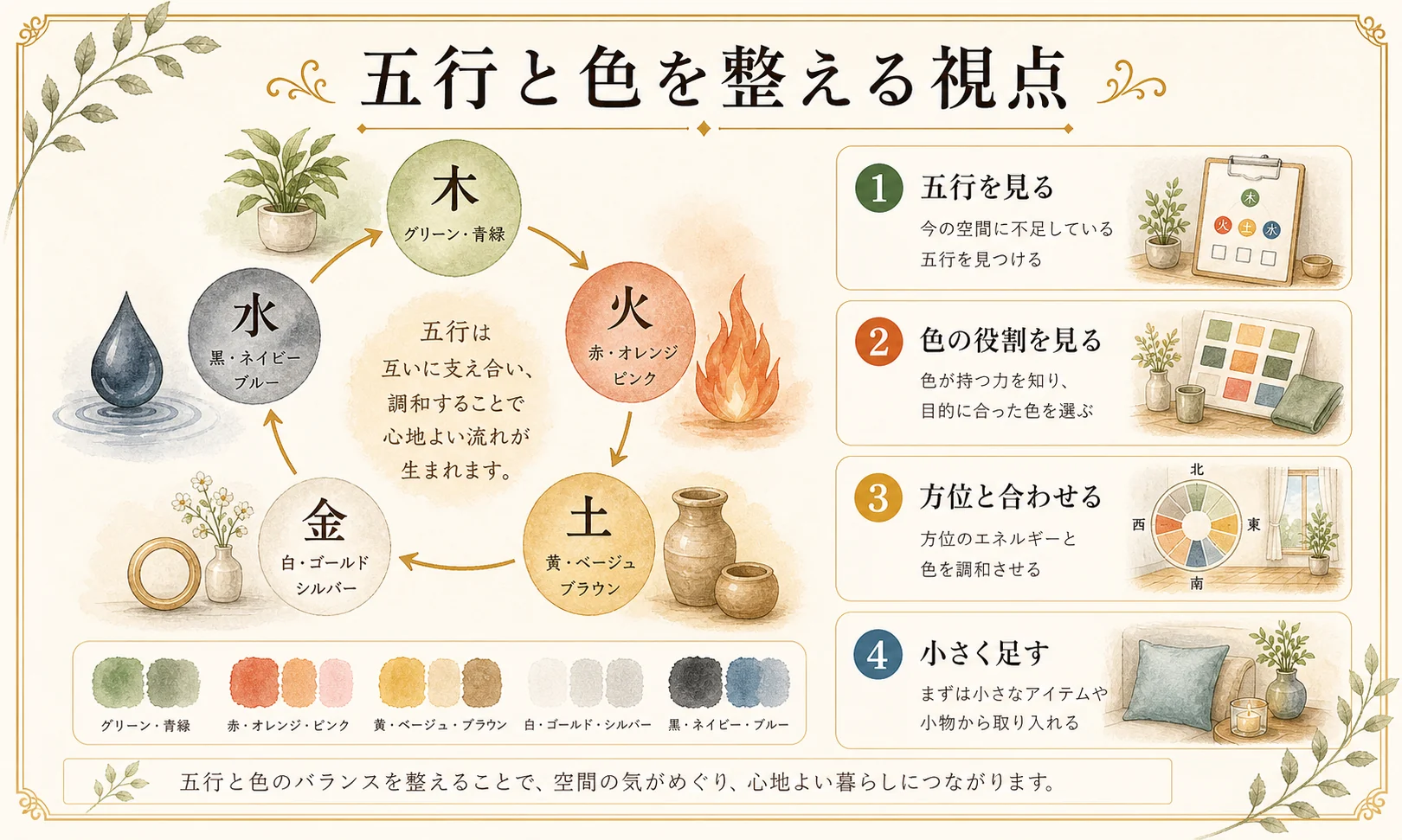 木火土金水の五行と色の役割、方位との関係を整える手書き風の解説イラスト