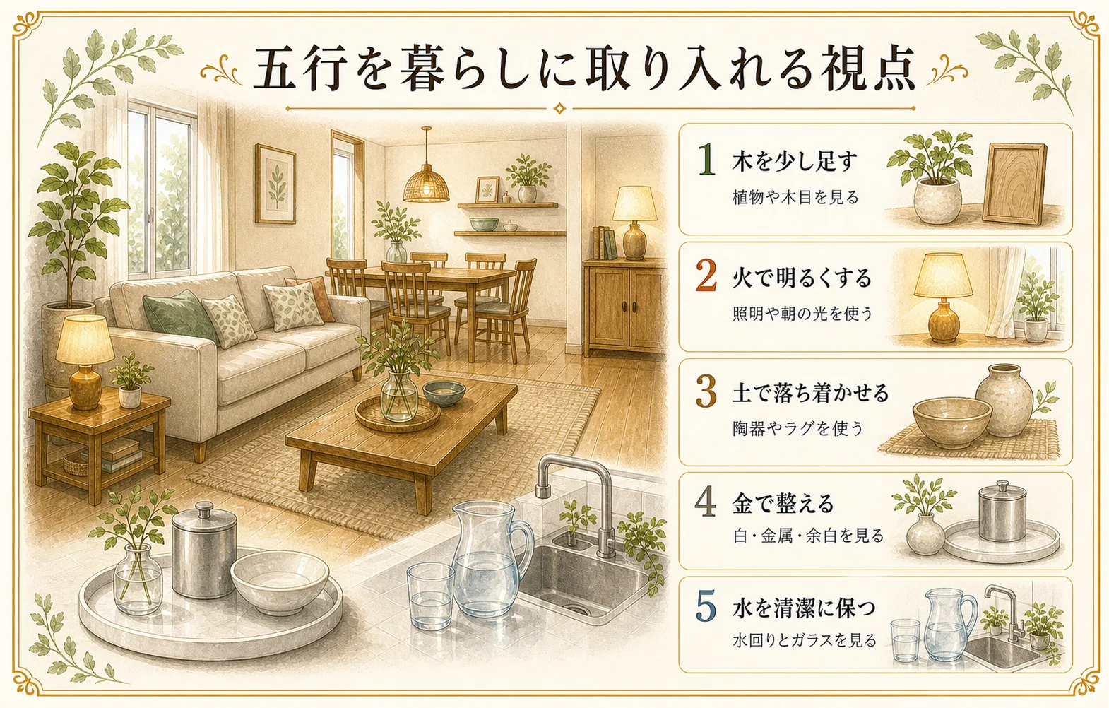 五行を暮らしに取り入れる視点を木火土金水で整理した手描き風の図版