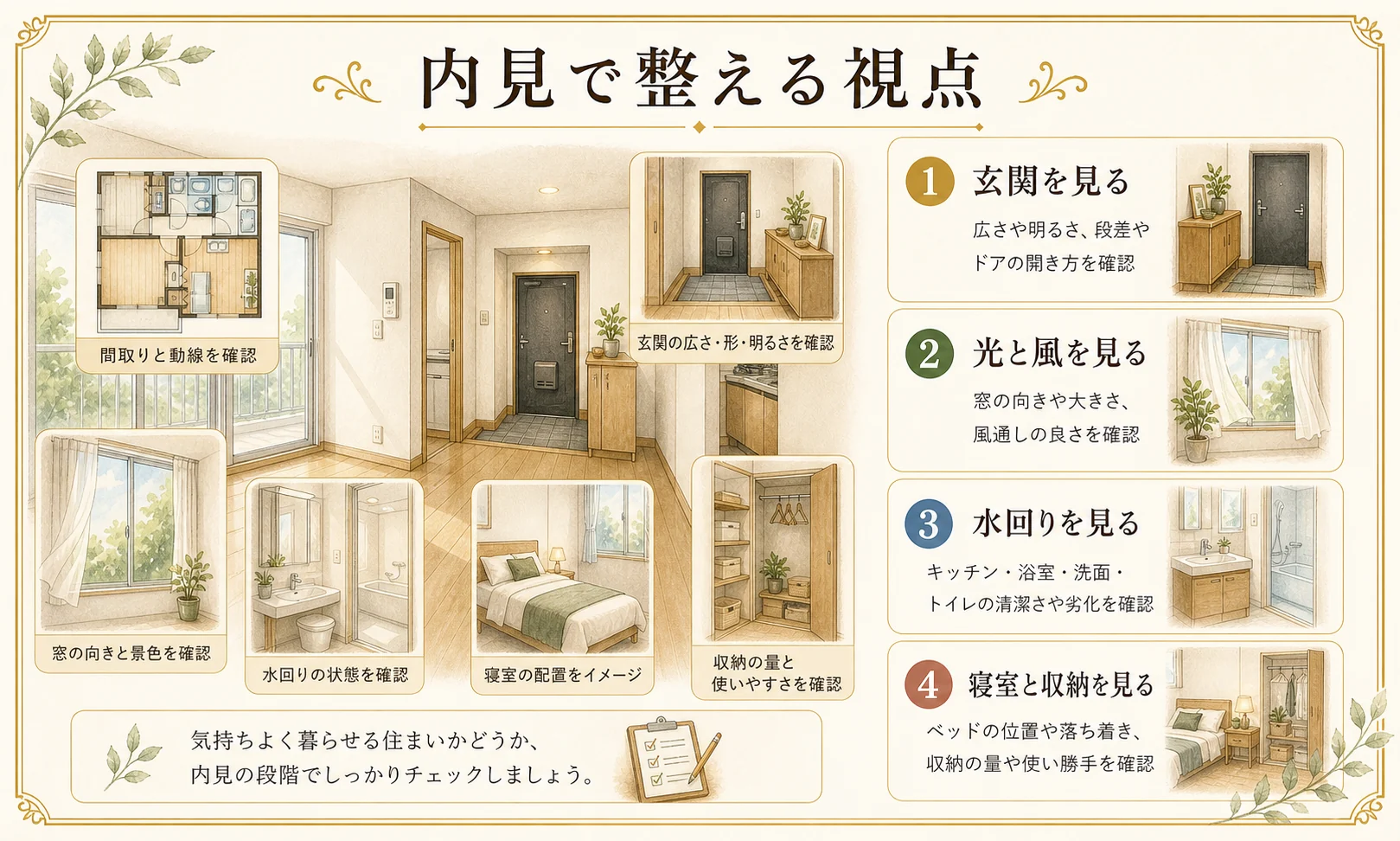 引っ越し前に玄関、光と風、水回り、寝室と収納を見る手書き風の解説イラスト