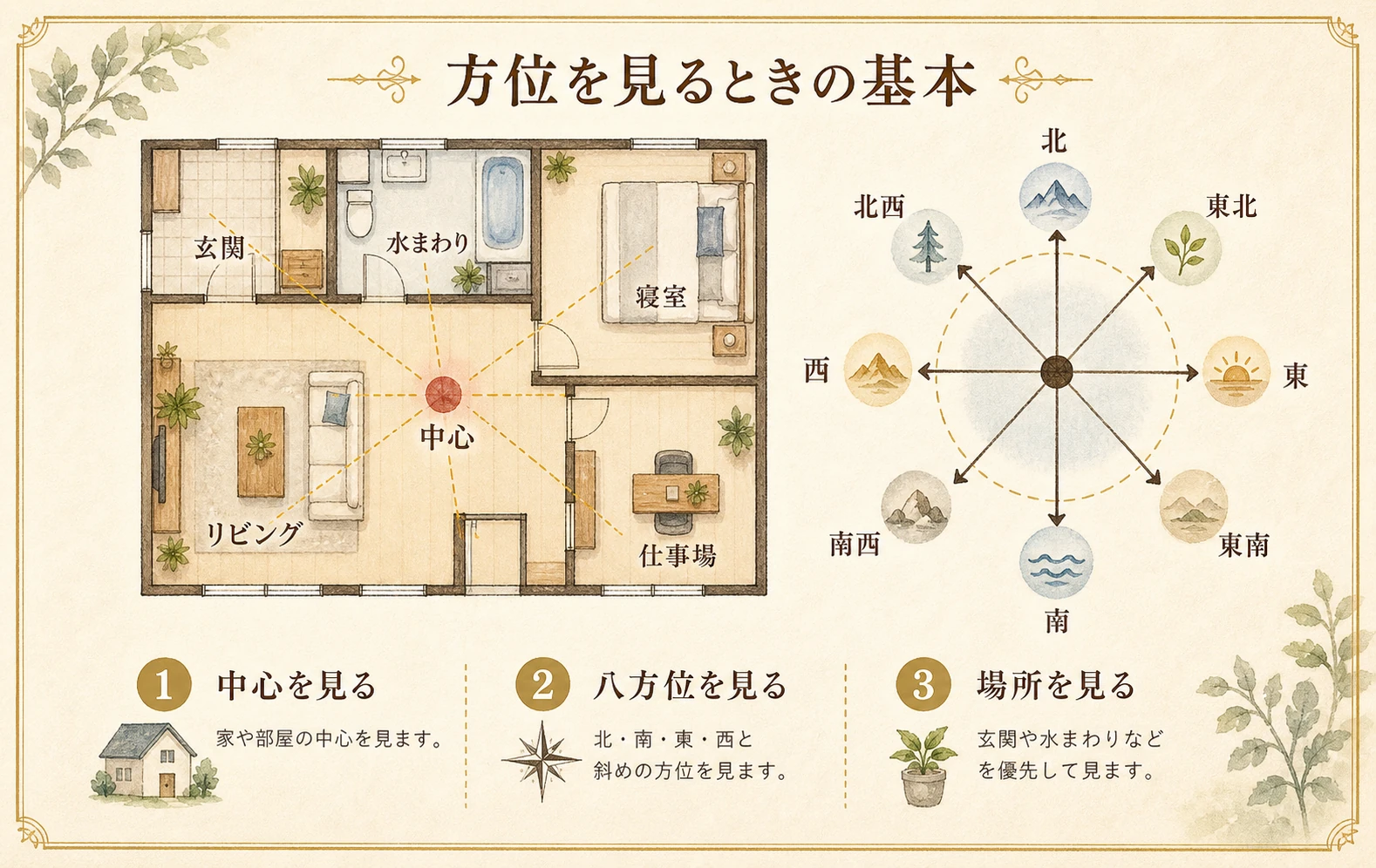 家の中心から八方位と玄関や水回りを見る手順のイメージ図