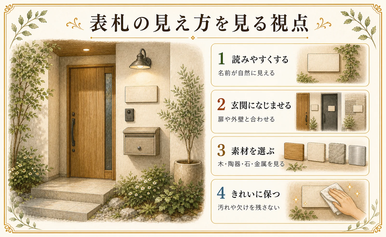 表札の見え方を読みやすさ、玄関とのなじみ、素材、手入れで整理した手描き風の図版