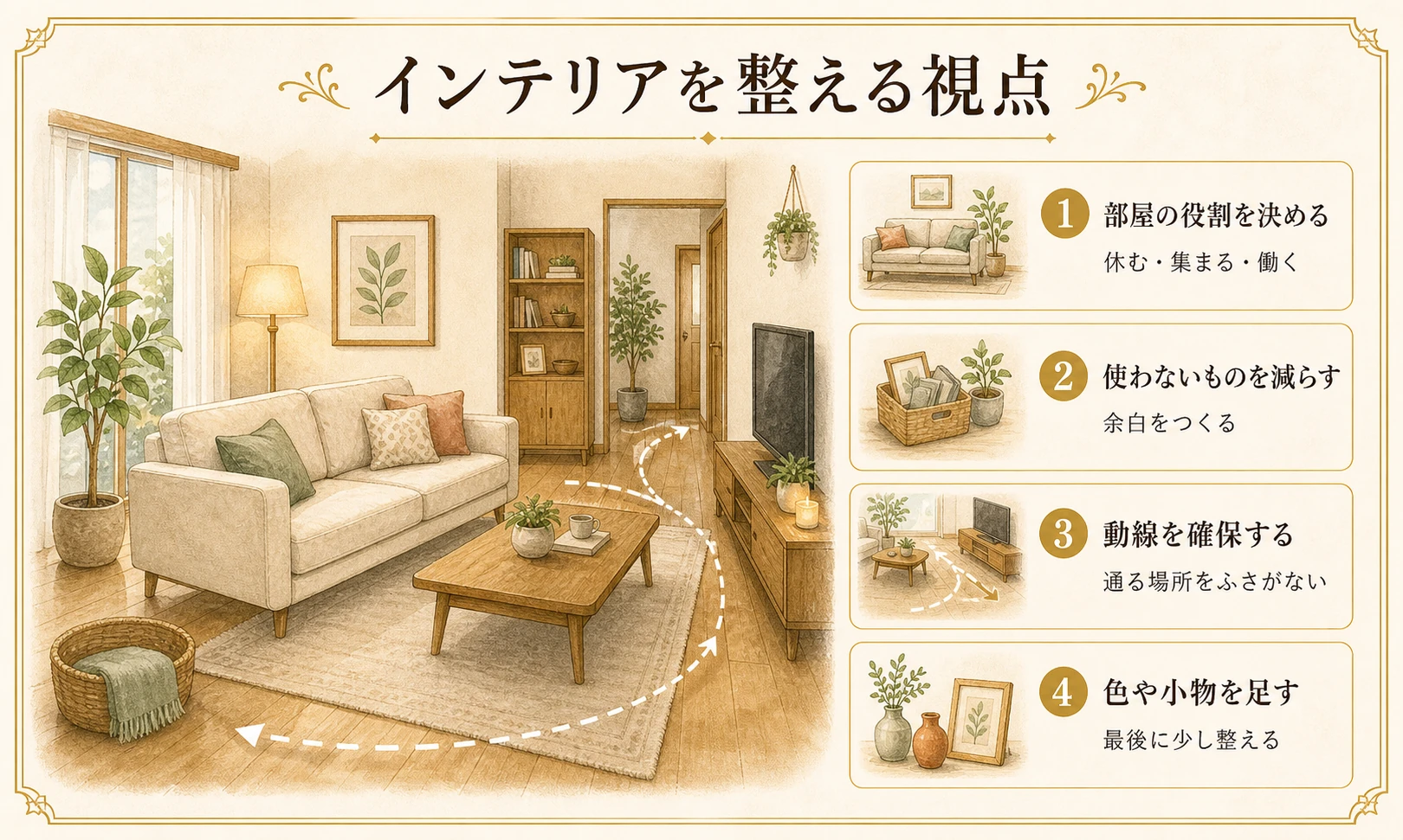 風水インテリアで部屋の役割、余白、動線、色や小物を整えるポイントのイメージ図