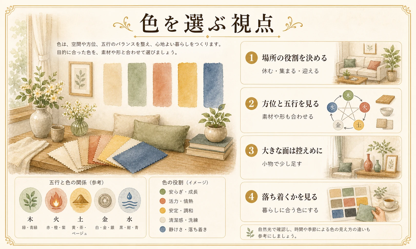 風水で色を選ぶときに場所の役割、方位、面積、落ち着きを見るポイントのイメージ図
