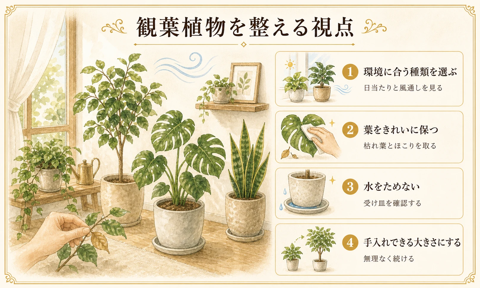 観葉植物の日当たり、葉の手入れ、水、鉢の大きさを見るポイントのイメージ図