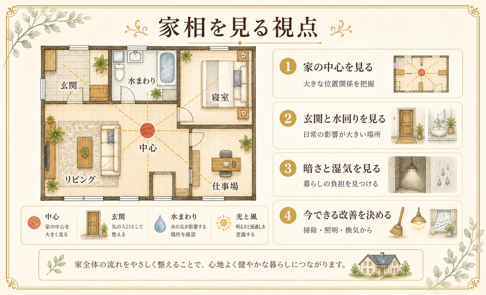 家相で家の中心、玄関と水回り、暗さと湿気、今できる改善を見るポイントのイメージ図