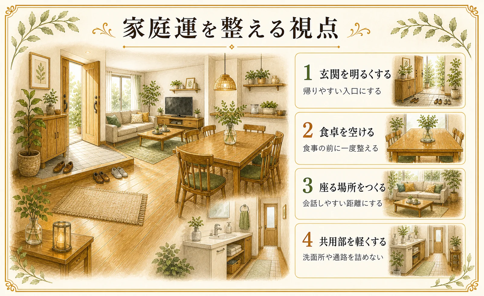家庭運を整える視点を玄関、食卓、座る場所、共用部で整理した手描き風の図版