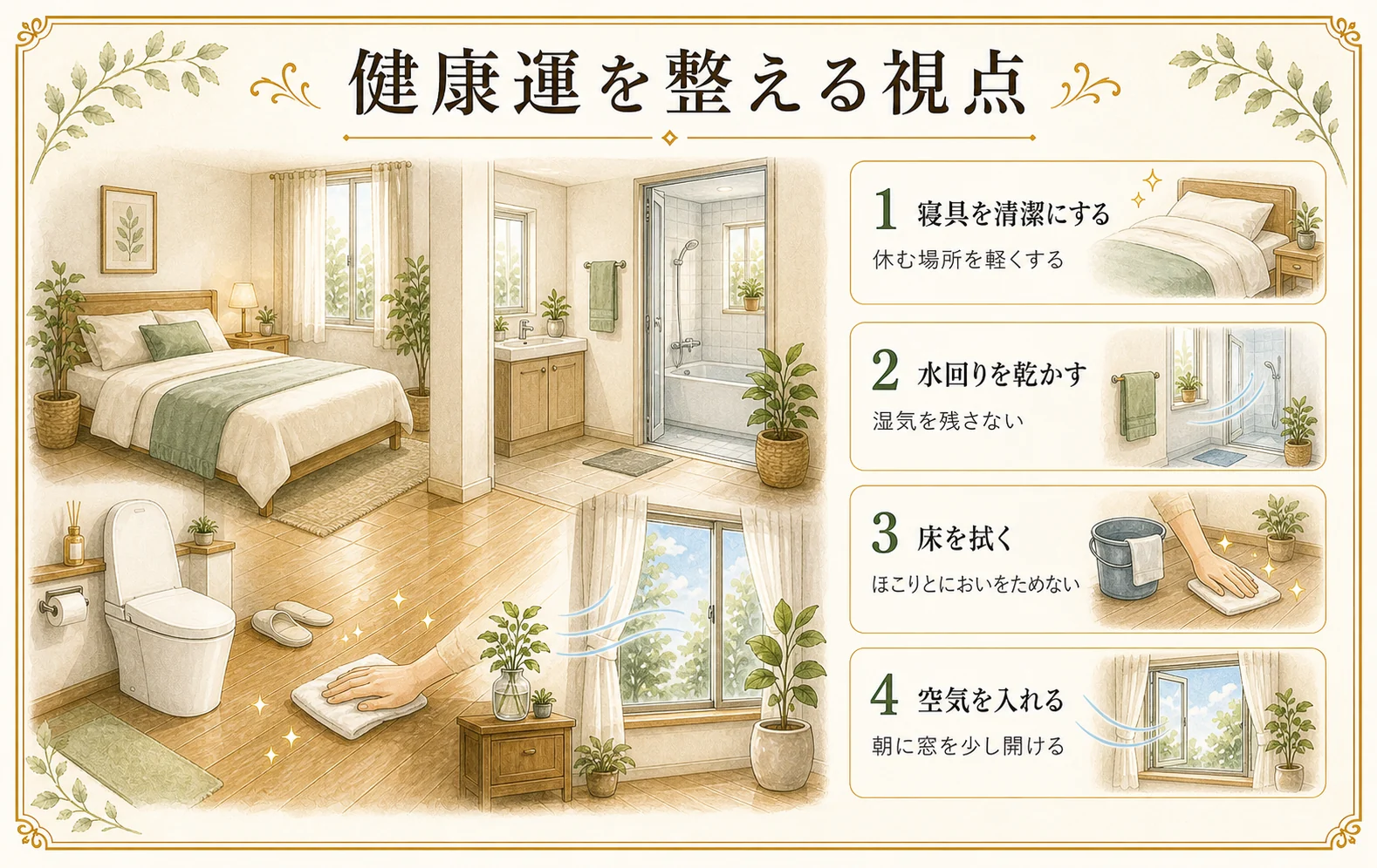健康運を整える視点を寝具、水回り、床、空気で整理した手描き風の図版