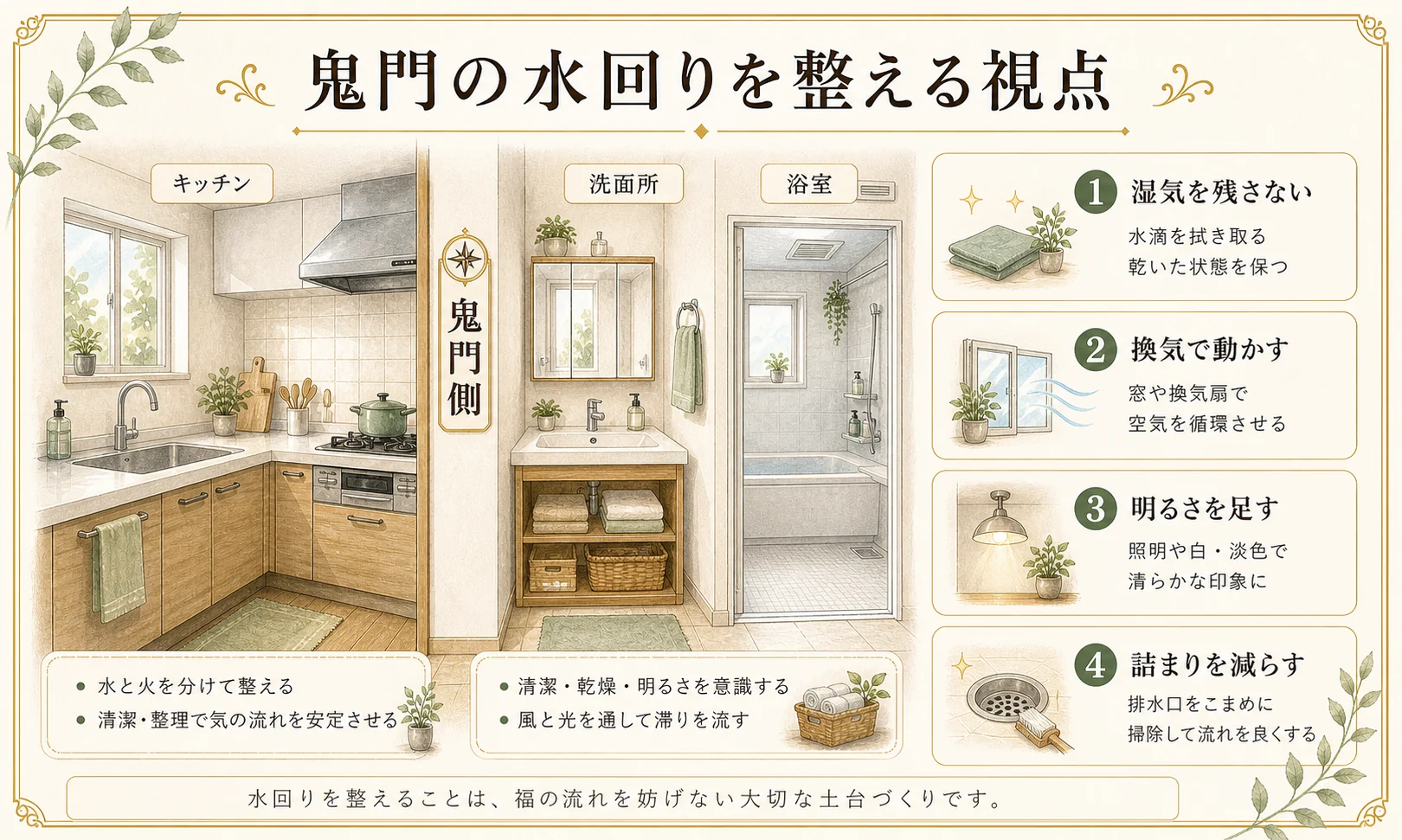 鬼門の水回りで湿気、換気、明るさ、詰まりを整える手書き風の解説イラスト