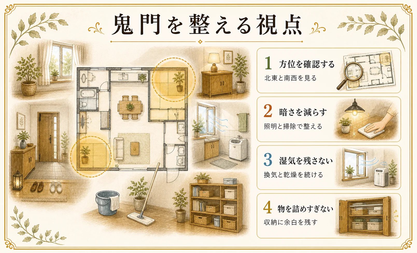 鬼門を整える視点を方位、暗さ、湿気、収納で整理した手描き風の図版