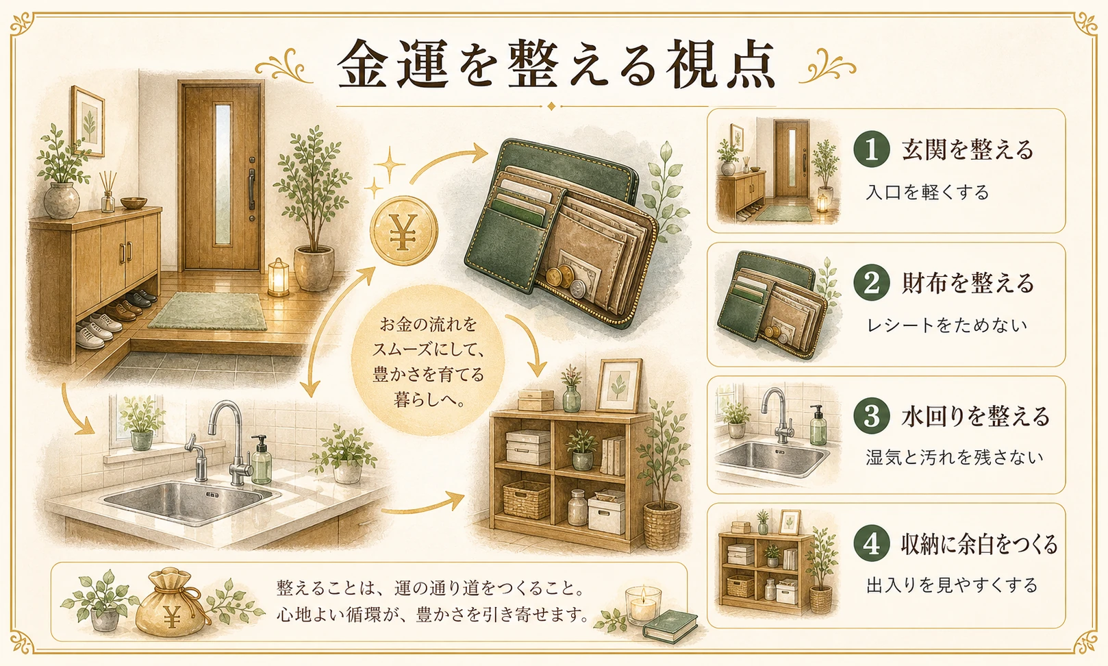 金運風水で玄関、財布、水回り、収納の余白を整えるポイントのイメージ図