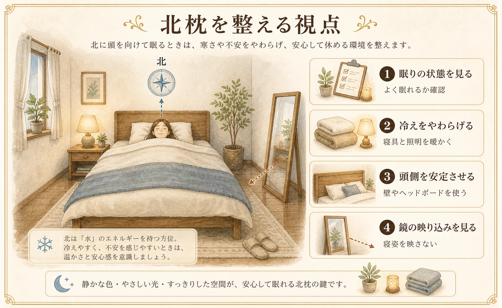 北枕の眠り、冷え、頭側の安定、鏡の映り込みを見るポイントのイメージ図