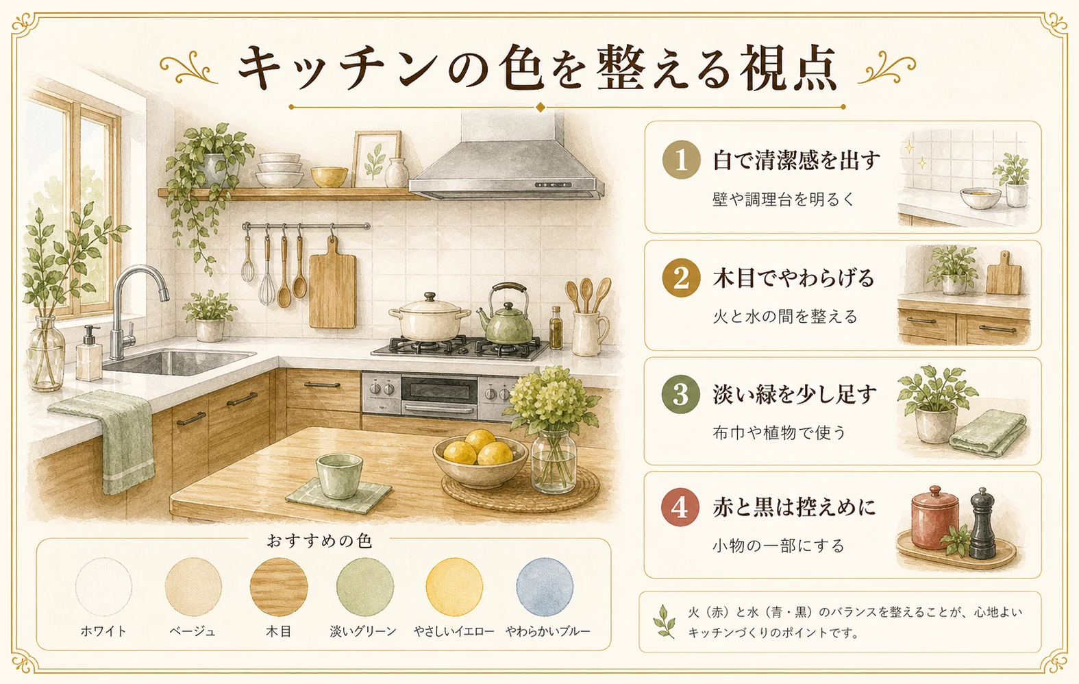 キッチンの色を整える視点をまとめた手描き風の図版