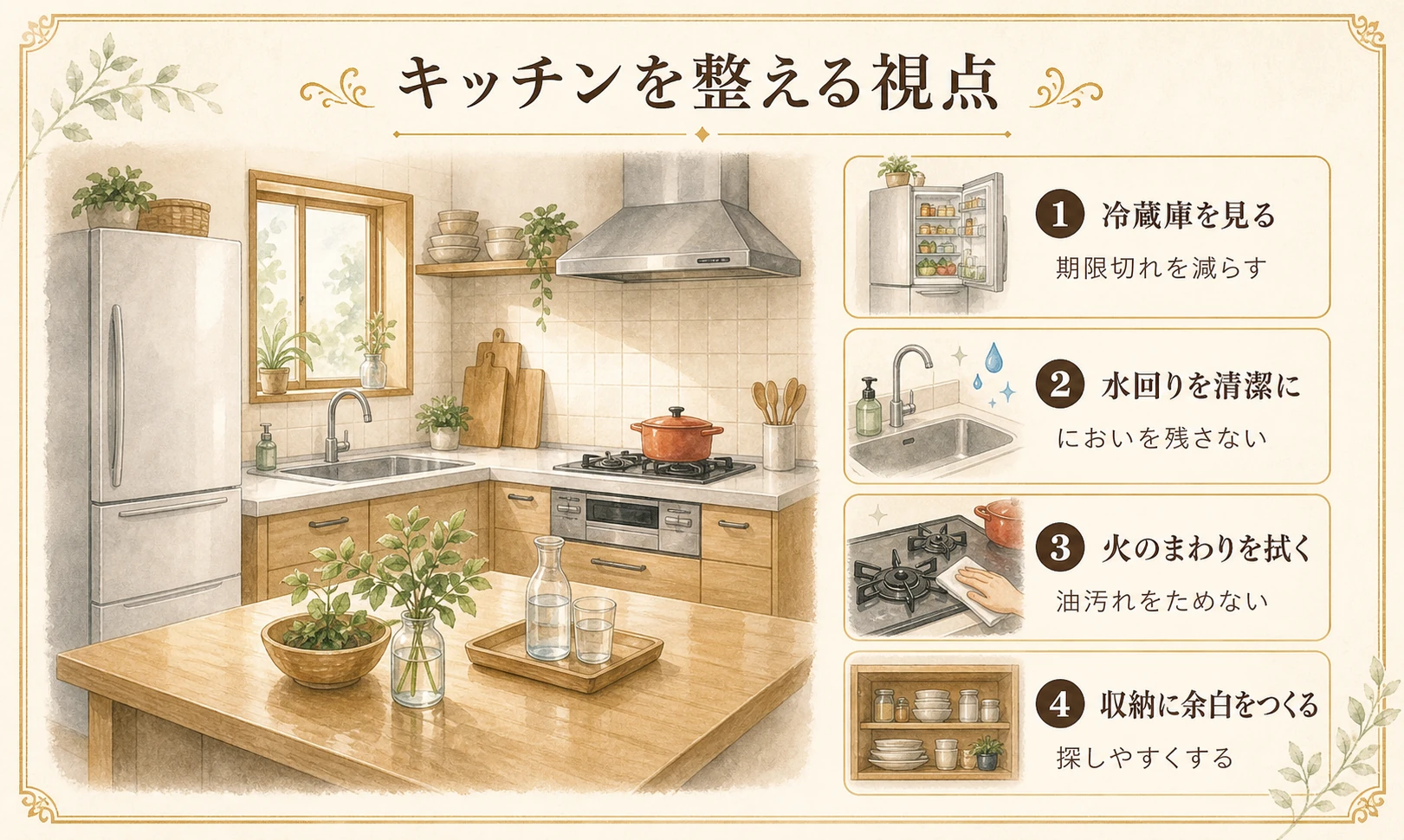 キッチンの冷蔵庫、水回り、火のまわり、収納を整えるポイントのイメージ図