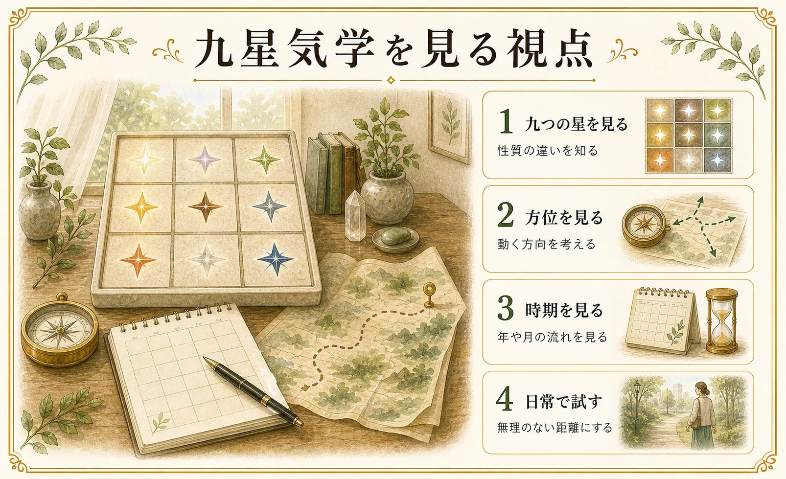 九星気学を見る視点を九つの星、方位、時期、日常で整理した手描き風の図版