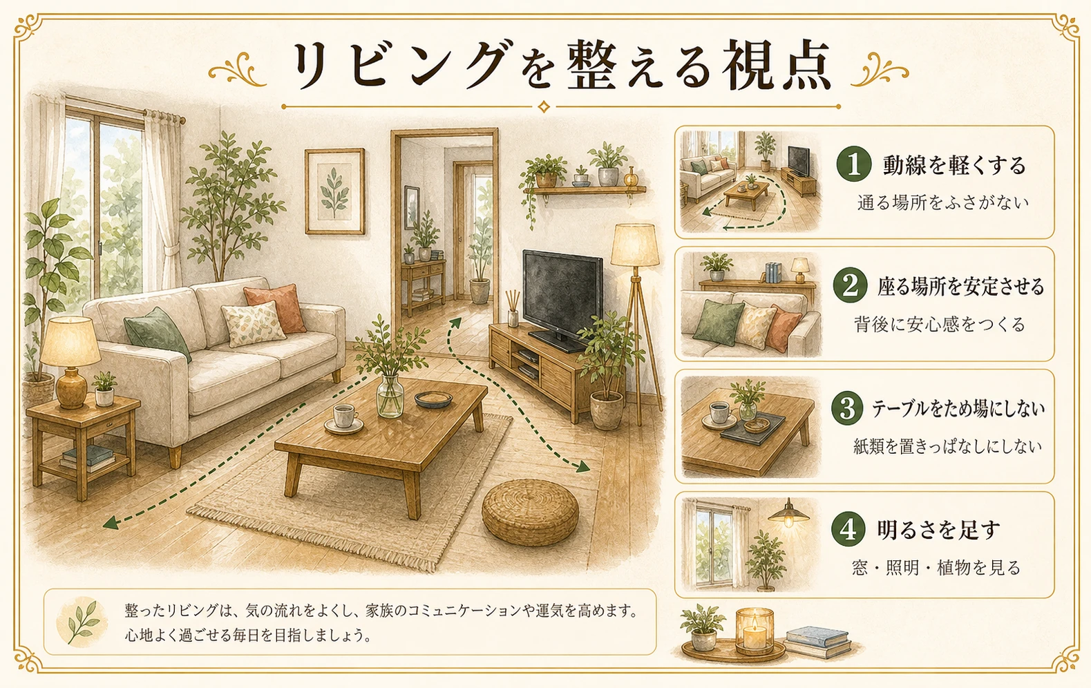 リビングを整える視点をまとめた手描き風の図版