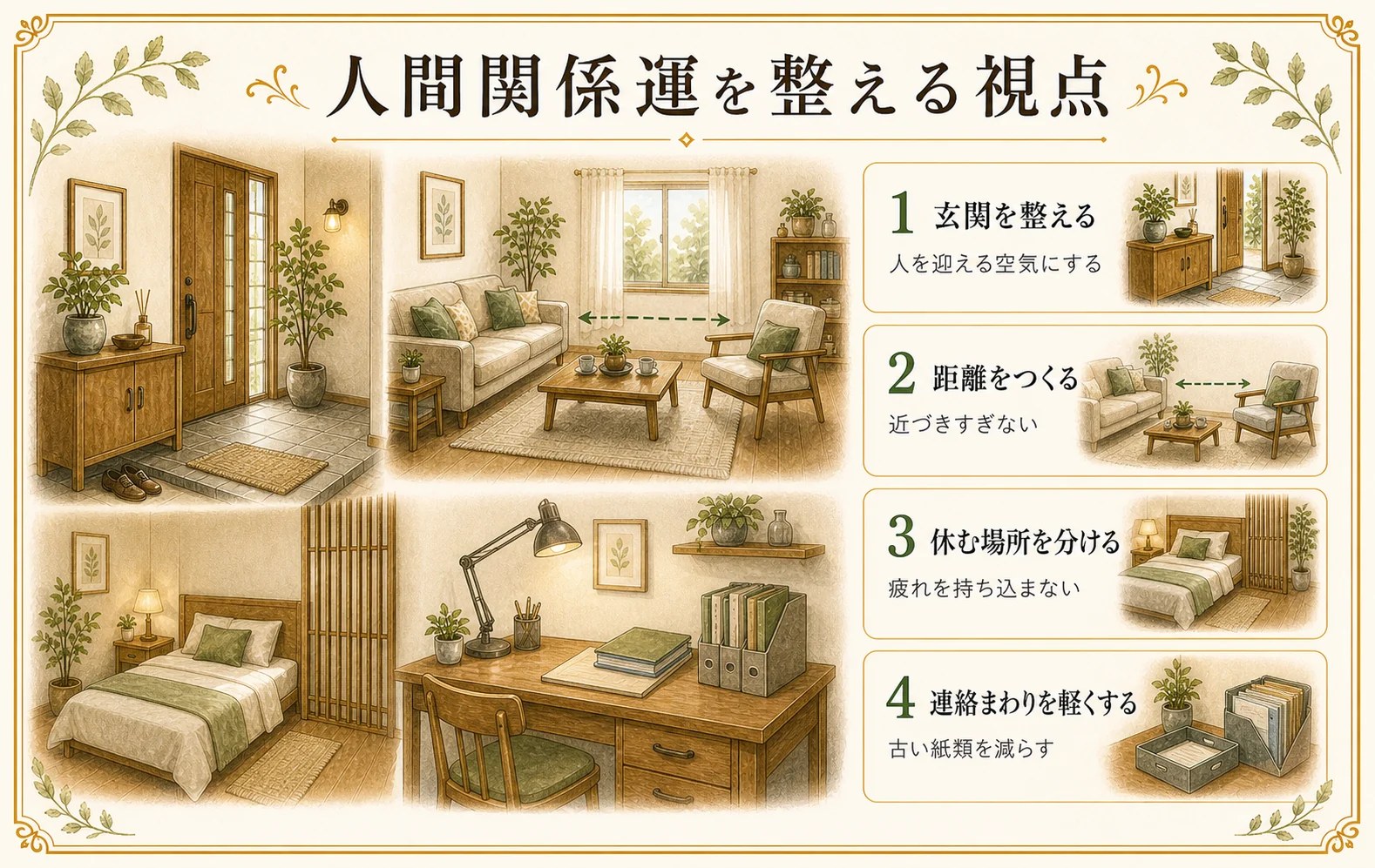 人間関係運を整える視点を玄関、距離、休む場所、連絡まわりで整理した手描き風の図版