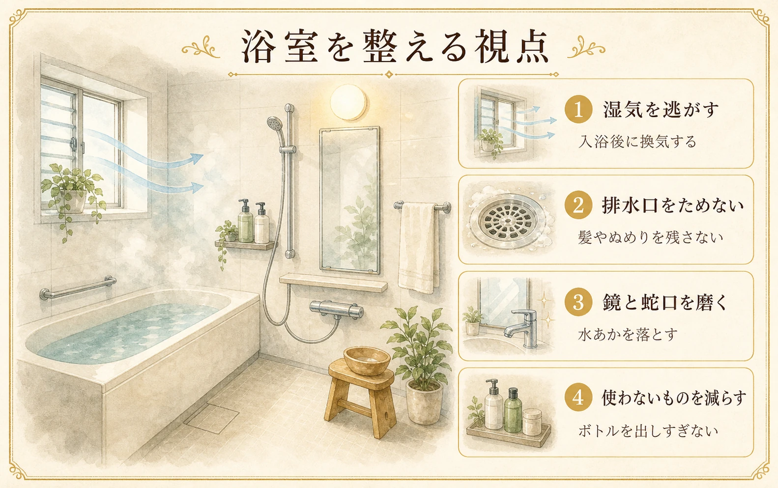 浴室の湿気、排水口、鏡と蛇口、ボトルを整えるポイントのイメージ図