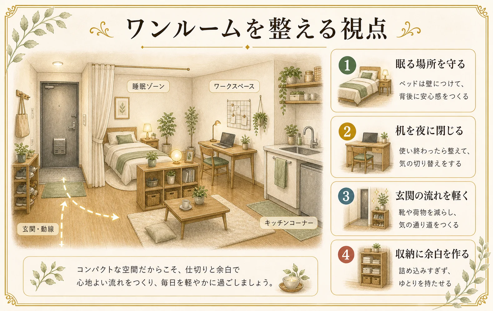 ワンルームで眠る場所、机、玄関の流れ、収納の余白を整える手書き風の解説イラスト