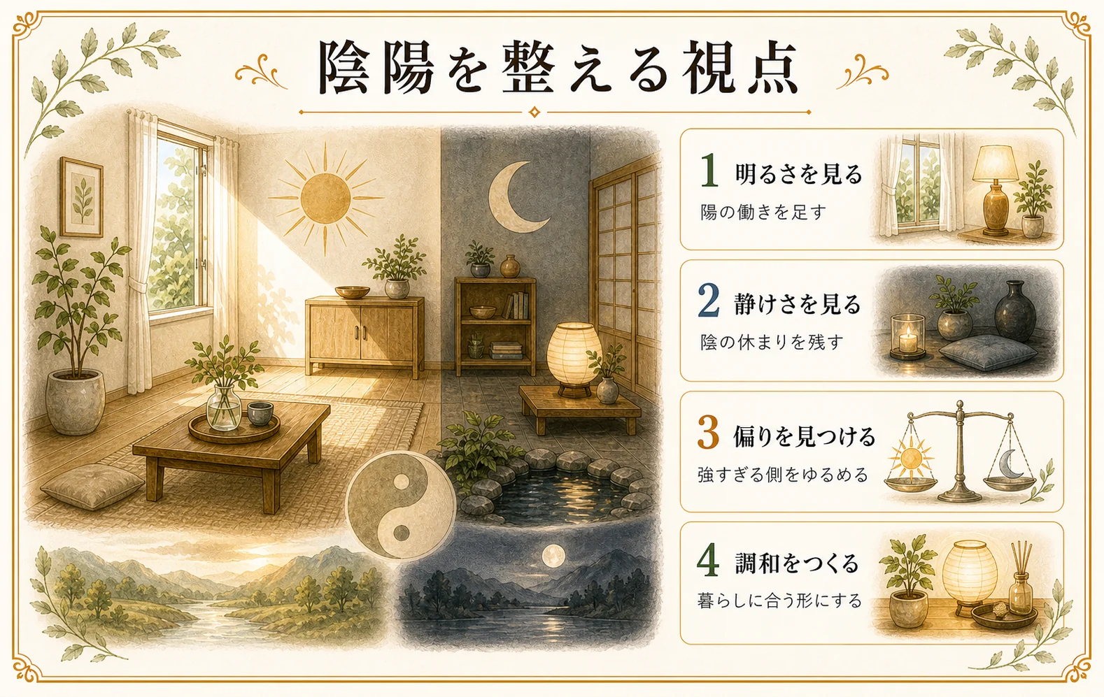 陰陽を整える視点を明るさ、静けさ、偏り、調和で整理した手描き風の図版