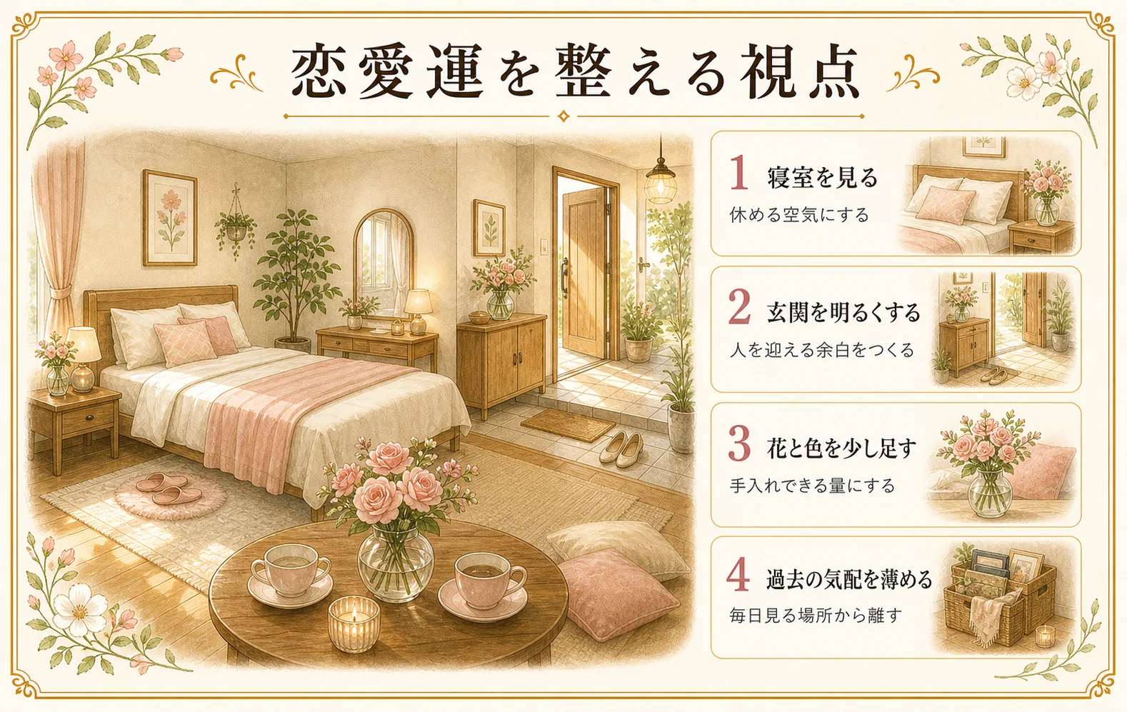 恋愛運を整える視点を寝室、玄関、花と色、過去の気配で整理した手描き風の図版