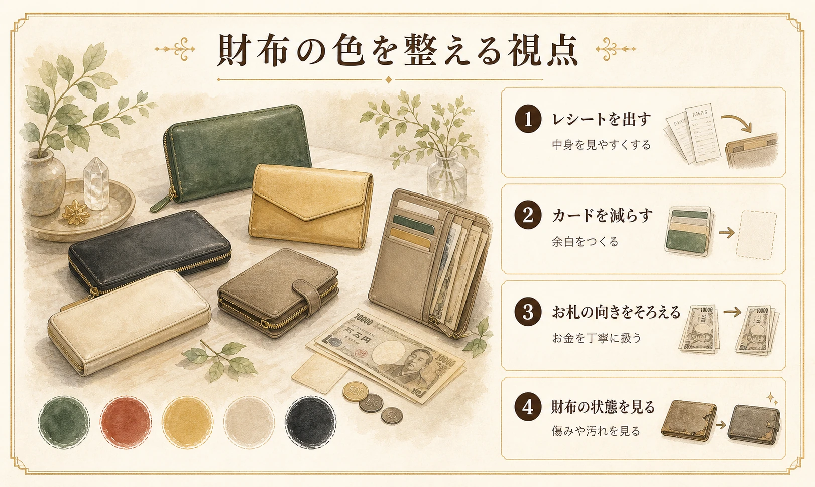 財布のレシート、カード、お札の向き、財布の状態を整えるポイントのイメージ図