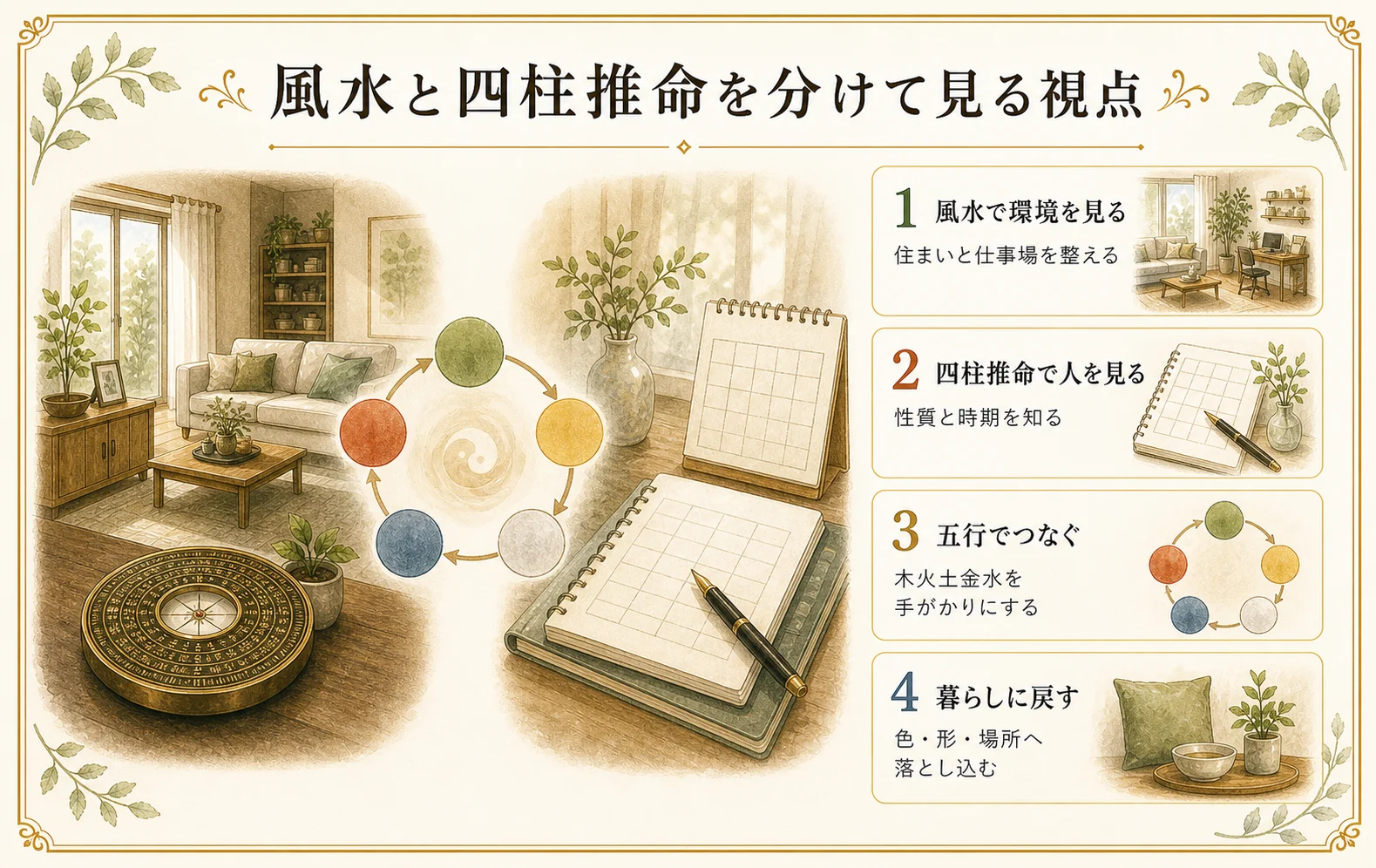 風水と四柱推命を分けて見る視点を環境、人、五行、暮らしで整理した手描き風の図版