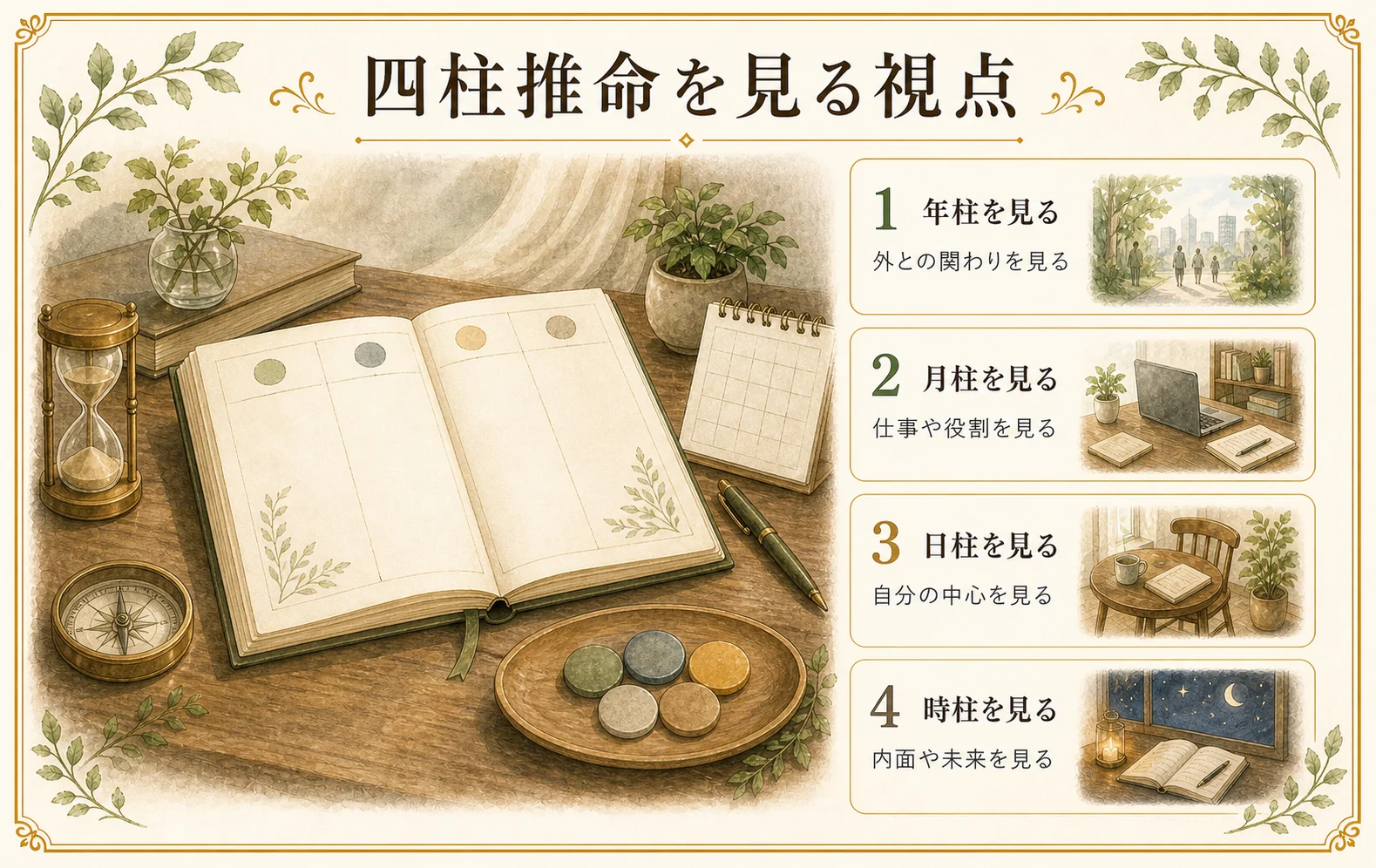 四柱推命を見る視点を年柱、月柱、日柱、時柱で整理した手描き風の図版